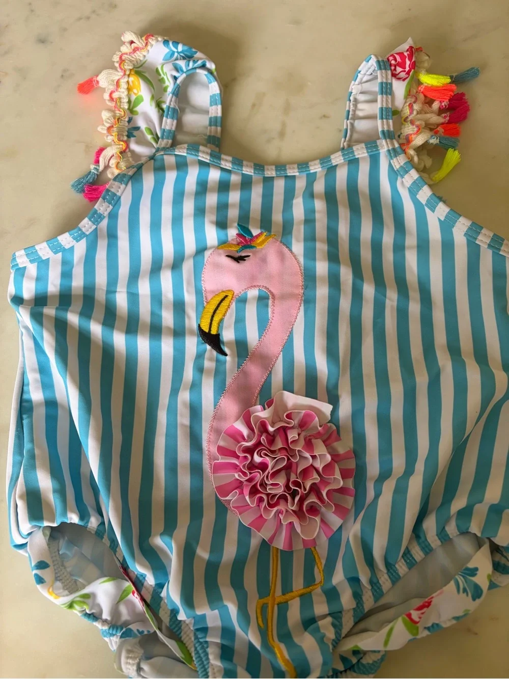 Adorable Kids Blue Stripe & Flamingo One-Piece Swimsuit with Boho Tassel Straps